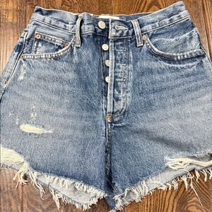 Agolde Light Blue Frayed Hem Jean Shorts
